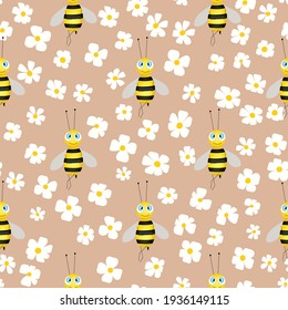 Seamless pattern with bees and flowers on color background. Small wasp. Vector illustration. Adorable cartoon character. Template design for invitation, cards, textile, fabric. Doodle style.