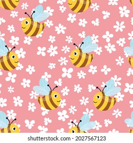 Seamless pattern with bees and flowers on color background. Small wasp. Vector illustration. Adorable cartoon character. Template design for invitation, cards, textile, fabric. Doodle style.