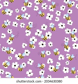 Patrón sin foco con abejas y flores sobre fondo de color. Pequeña avispa. Ilustración vectorial. Caricatura adorable. Diseño de plantilla para invitación, tarjetas, textiles, tela. Estilo Doodle.
