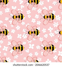 Patrón sin foco con abejas y flores sobre fondo de color. Pequeña avispa. Ilustración vectorial. Caricatura adorable. Diseño de plantilla para invitación, tarjetas, textiles, tela. Estilo Doodle.