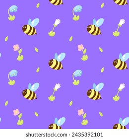 Seamless pattern with bees and flowers on violet background