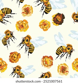 Seamless pattern with bees and flowers on color background. Small wasp. Vector illustration. Adorable cartoon character. Template design for invitation, cards, textile, fabric. Doodle style.