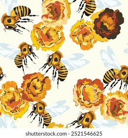 Seamless pattern with bees and flowers on color background. Small wasp. Vector illustration. Adorable cartoon character. Template design for invitation, cards, textile, fabric. Doodle style.