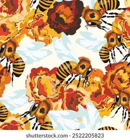 Seamless pattern with bees and flowers on color background. Small wasp. Vector illustration. Adorable cartoon character. Template design for invitation, cards, textile, fabric. Doodle style.