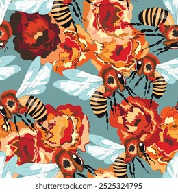 Seamless pattern with bees and flowers on color background. Small wasp. Vector illustration. Adorable cartoon character. Template design for invitation, cards, textile, fabric. Doodle style.