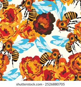 Seamless pattern with bees and flowers on color background. Small wasp. Vector illustration. Adorable cartoon character. Template design for invitation, cards, textile, fabric. Doodle style.