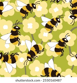 Seamless pattern with bees and flowers on color background. Small wasp. Vector illustration. Adorable cartoon character. Template design for invitation, cards, textile, fabric. Doodle style.