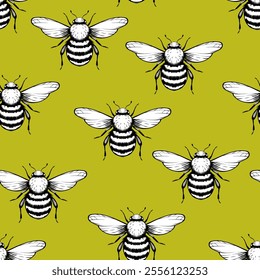 Seamless pattern with bees and flowers on color background. Small wasp. Vector illustration. Adorable cartoon character. Template design for invitation, cards, textile, fabric. Doodle style.