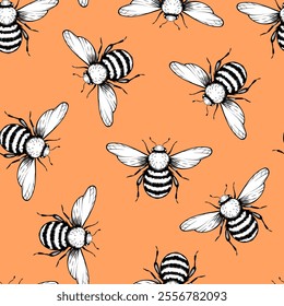 Seamless pattern with bees and flowers on color background. Small wasp. Vector illustration. Adorable cartoon character. Template design for invitation, cards, textile, fabric. Doodle style.