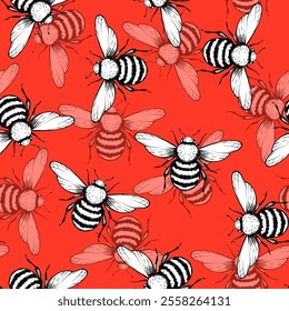 Seamless pattern with bees and flowers on color background. Small wasp. Vector illustration. Adorable cartoon character. Template design for invitation, cards, textile, fabric. Doodle style.