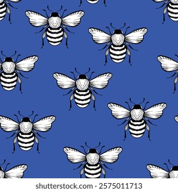 Seamless pattern with bees and flowers on color background. Small wasp. Vector illustration. Adorable cartoon character. Template design for invitation, cards, textile, fabric. Doodle style.