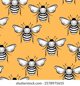 Seamless pattern with bees and flowers on color background. Small wasp. Vector illustration. Adorable cartoon character. Template design for invitation, cards, textile, fabric. Doodle style.