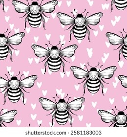 Seamless pattern with bees and flowers on color background. Small wasp. Vector illustration. Adorable cartoon character. Template design for invitation, cards, textile, fabric. Doodle style.