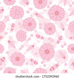 Patrón sin foco con abejas y flores de color rosa sobre fondo blanco