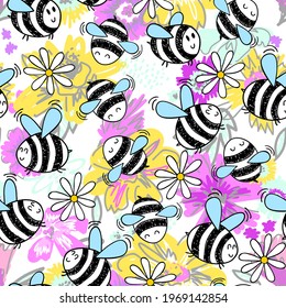 Seamless pattern with bees and flowers print. Creative texture for fabric, wrapping, textile, wallpaper, apparel. Vector illustration background