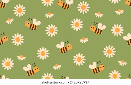 Seamless pattern with bees and flowers. Vector illustration with bees and daisies