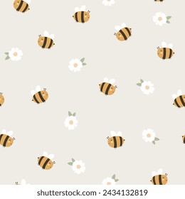 Seamless pattern with bees and flowers. Vector illustrations