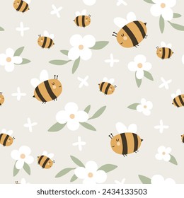 Patrón sin costuras con abejas y flores. Ilustraciones vectoriales