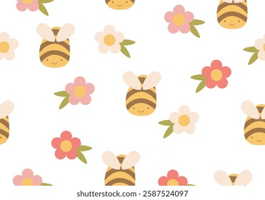 Seamless pattern with bees and flowers. Vector illustration with bees and daisies