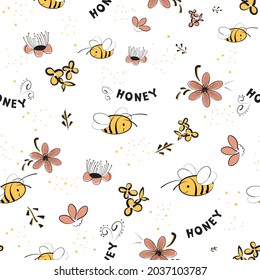Seamless pattern of bees, flowers, the word honey. Sketch with cute characters - bees and flowers in the Doodle style.