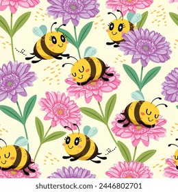 Seamless pattern of bees flying around the flowers and sleepy little bees sleeping comfortably on the flowers. Pattern for fabric and wrapping paper, Pattern for design wallpaper and fashion prints.