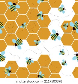 Seamless pattern with bees. flying bees. Vector Cartoon black and yellow bees isolated on white background.