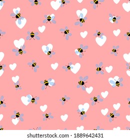 Seamless pattern with bees and hearts on color background. Small wasp. Vector illustration. Adorable cartoon character. Template design for invitation, cards, textile, fabric. Doodle style.