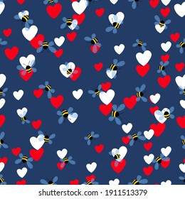 Seamless pattern with bees and hearts on color background. Small wasp. Vector illustration. Adorable cartoon character. Template design for invitation, cards, textile, fabric. Doodle style.