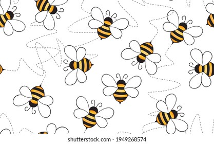 Seamless pattern with bees and hearts on color background. Small wasp. Vector illustration. Adorable cartoon character. Template design for invitation, cards, textile, fabric. Doodle style.