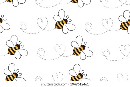 Seamless pattern with bees and hearts on color background. Small wasp. Vector illustration. Adorable cartoon character. Template design for invitation, cards, textile, fabric. Doodle style.