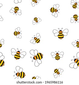 Seamless pattern with bees and hearts on color background. Small wasp. Vector illustration. Adorable cartoon character. Template design for invitation, cards, textile, fabric. Doodle style.