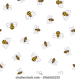 Seamless pattern with bees and hearts on color background. Small wasp. Vector illustration. Adorable cartoon character. Template design for invitation, cards, textile, fabric. Doodle style.