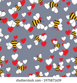 Seamless pattern with bees and hearts on color background. Small wasp. Vector illustration. Adorable cartoon character. Template design for invitation, cards, textile, fabric. Doodle style.