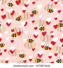 Seamless pattern with bees and hearts on color background. Small wasp. Vector illustration. Adorable cartoon character. Template design for invitation, cards, textile, fabric. Doodle style.