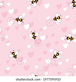 Seamless pattern with bees and hearts on color background. Small wasp. Vector illustration. Adorable cartoon character. Template design for invitation, cards, textile, fabric. Doodle style.