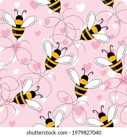 Seamless pattern with bees and hearts on color background. Small wasp. Vector illustration. Adorable cartoon character. Template design for invitation, cards, textile, fabric. Doodle style.