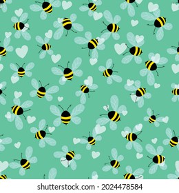 Seamless pattern with bees and hearts on color background. Small wasp. Vector illustration. Adorable cartoon character. Template design for invitation, cards, textile, fabric. Doodle style.