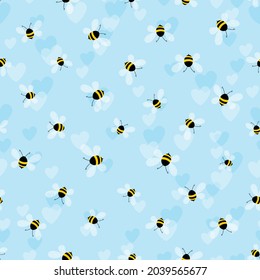 Seamless pattern with bees and hearts on color background. Small wasp. Vector illustration. Adorable cartoon character. Template design for invitation, cards, textile, fabric. Doodle style.