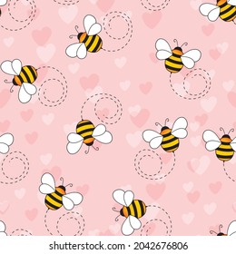 Patrón sin brillo con abejas y corazones sobre fondo de color. Pequeña avispa. Ilustración vectorial. Caricatura adorable. Diseño de plantilla para invitación, tarjetas, textiles, tela. Estilo Doodle.