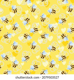 Seamless pattern with bees and hearts on color background. Small wasp. Vector illustration. Adorable cartoon character. Template design for invitation, cards, textile, fabric. Doodle style.