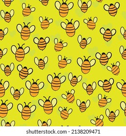 Seamless pattern with bees and hearts on color background. Small wasp. Vector illustration. Adorable cartoon character. Template design for invitation, cards, textile, fabric. Doodle style.