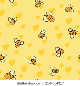 Seamless pattern with bees and hearts on color background. Small wasp. Vector illustration. Adorable cartoon character. Template design for invitation, cards, textile, fabric. Doodle style.