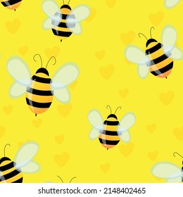Seamless pattern with bees and hearts on color background. Small wasp. Vector illustration. Adorable cartoon character. Template design for invitation, cards, textile, fabric. Doodle style.