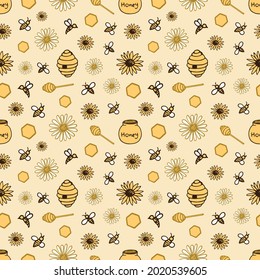 Seamless pattern with bees and hives on a light yellow background. Vector illustration on the topic of bees. Suitable for fabric and wrapping paper.