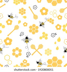 Seamless pattern with bees, honey, flowers on white background vector illustration. Cute cartoon honey print.