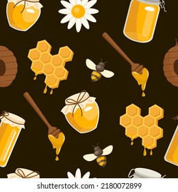 Seamless pattern with bees, honey, jars, honeycomb, flowers isolated on background vector illustration. Cute cartoon honey print background.