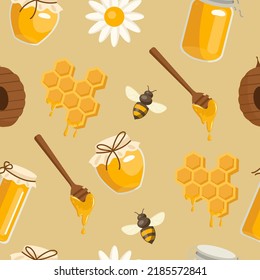 Seamless pattern with bees, honey, jars, honeycomb, flowers isolated on background vector illustration. Cute cartoon honey print background.