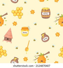 Seamless pattern with bees and honey thematic elements on yellow background. Cute cartoon illustration in flat vector style.