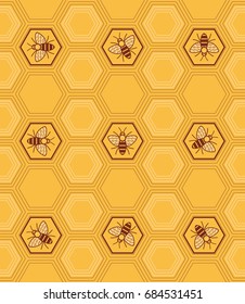 Seamless pattern with bees in honeycomb background design