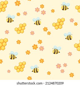 Nahtloses Muster mit Bienen, Wabenbäumen und Blumen auf gelbem Hintergrund. Cute Cartoon-Illustration im flachen Vektorstil.